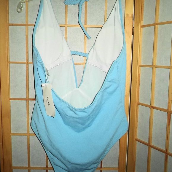 NEW! ZAFUL SWIM SUIT 1 PIECE BATHINGSUIT BLUE RIBBED PLUNGE SEXY-WOMENS SIZE 8 - Picture 4 of 5